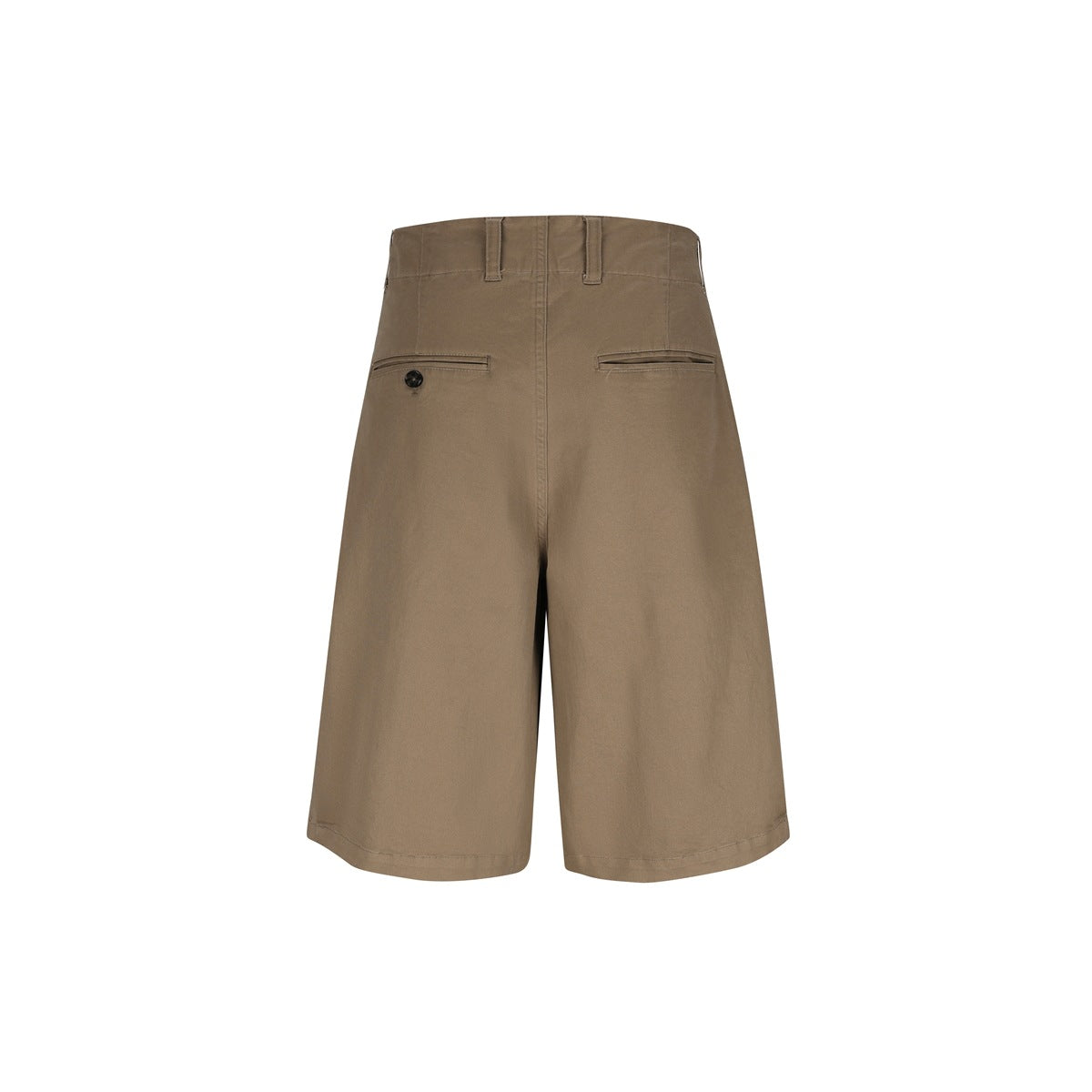 Back view of taupe wide-leg shorts with belt loops and two welt pockets, one with a button.