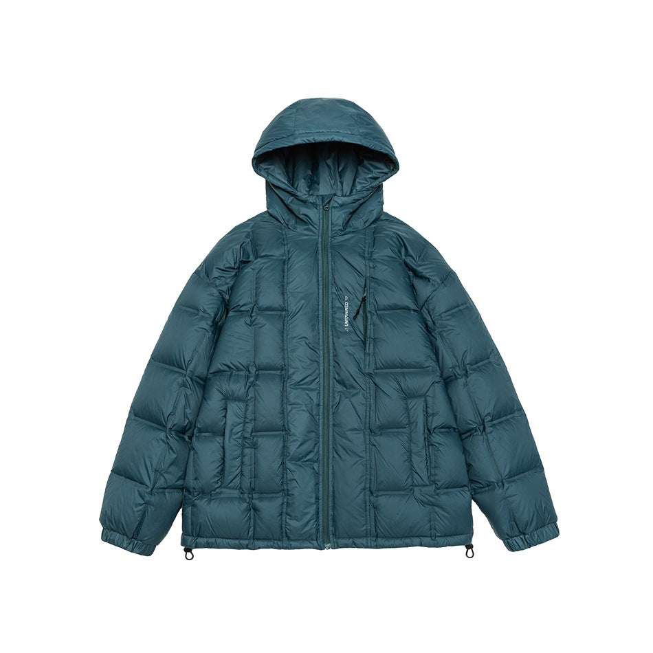 Dark teal hooded quilted puffer jacket with front zipper, pockets, elastic cuffs and hem drawcord toggles, flat front view