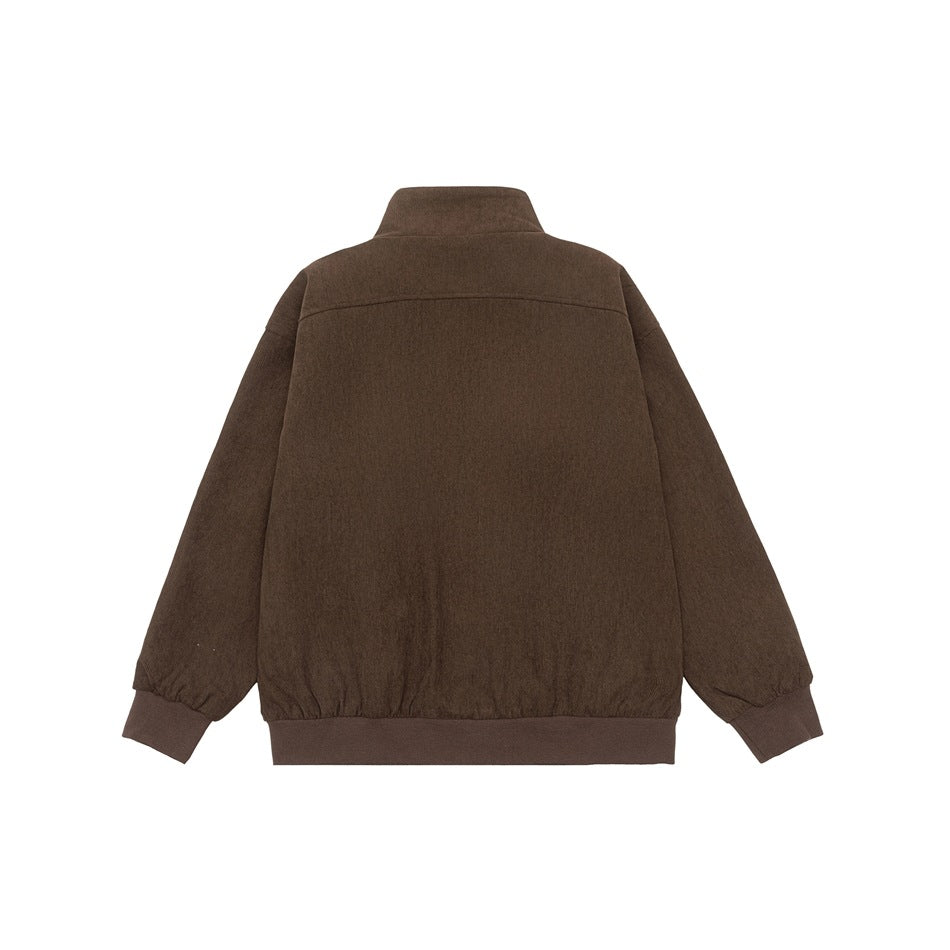 Back view of a brown jacket with a stand collar, long sleeves, and matching ribbed cuffs and hem.