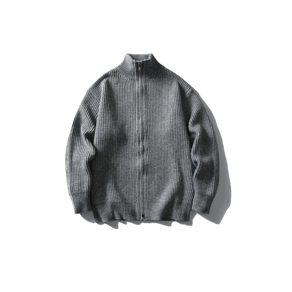 Gray ribbed knit full-zip sweater with funnel collar, flat lay front view