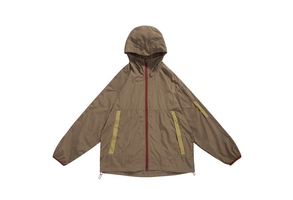 Brown hooded zip jacket flat lay with red zipper, olive-yellow pocket and sleeve strips, and drawcord hem
