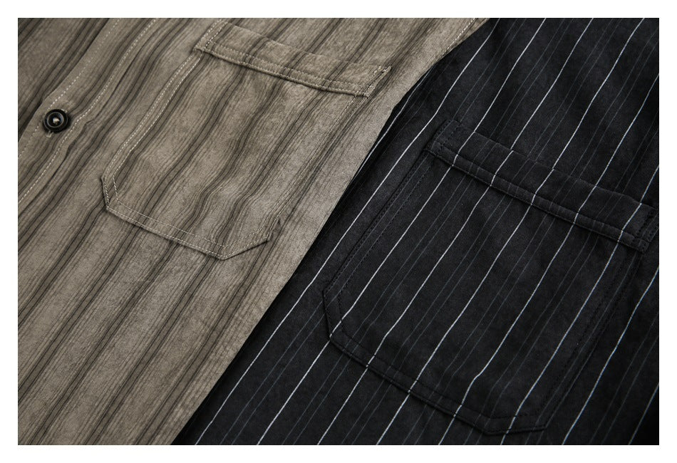 Close-up of two striped shirt colorways: taupe and black, each showing a chest pocket.