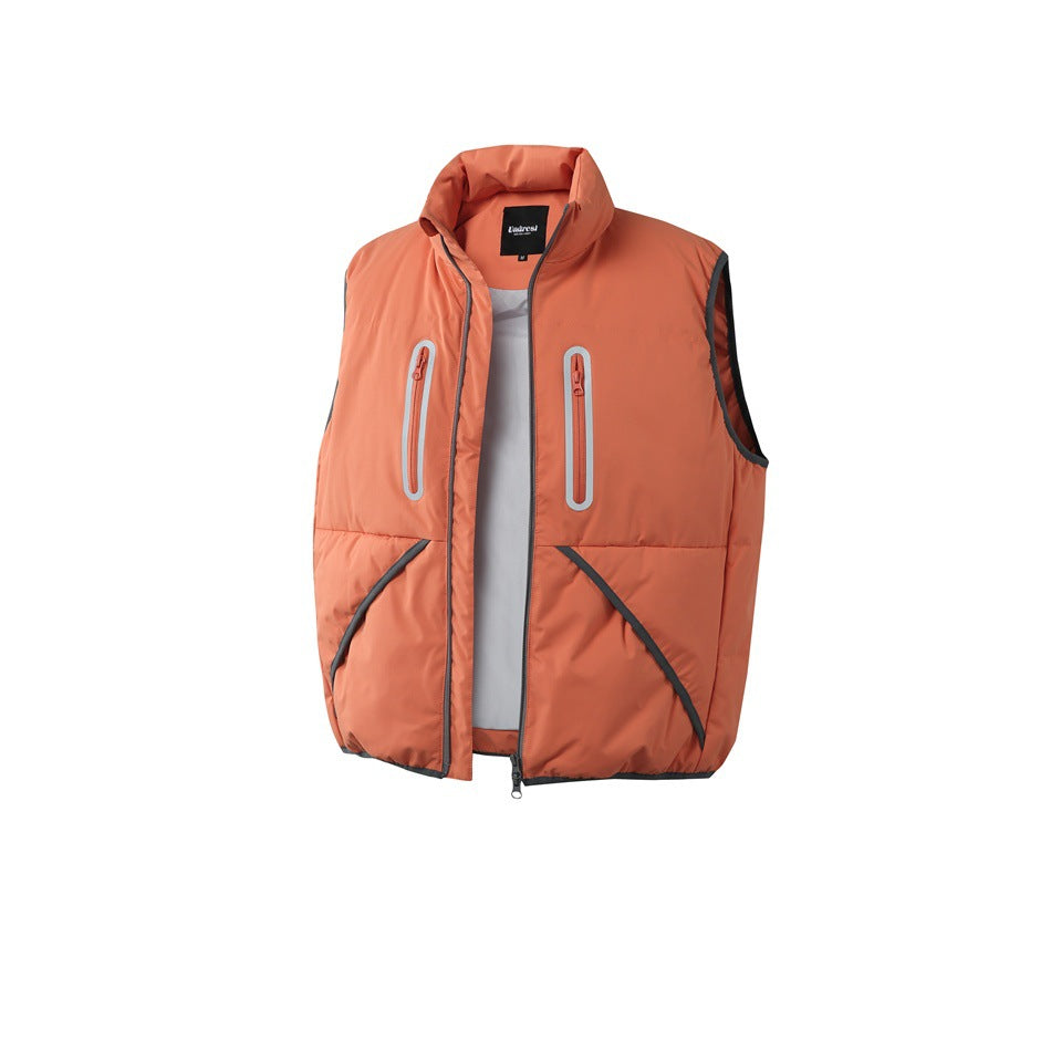 Coral-orange sleeveless puffer vest with a high collar, front zipper, two vertical chest pockets and dark trim.