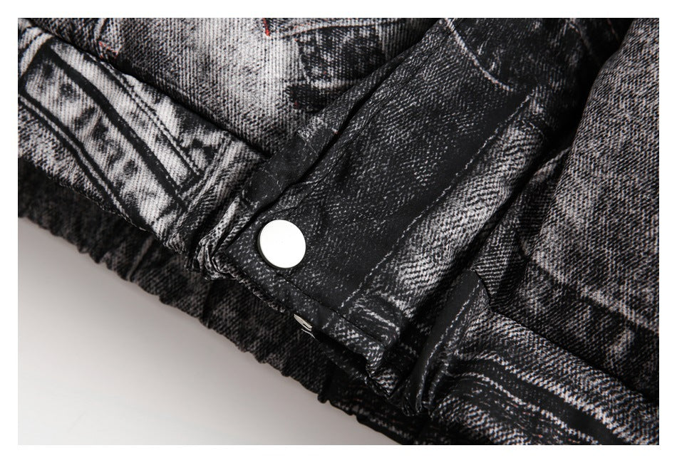Close-up of a silver snap on a black-and-gray patterned jacket placket.