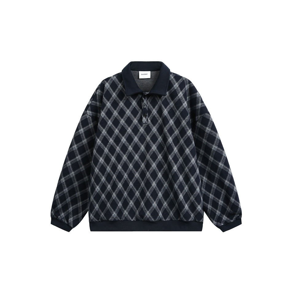 Navy blue diamond plaid polo-collar pullover sweatshirt with three buttons and ribbed hem, flat front view