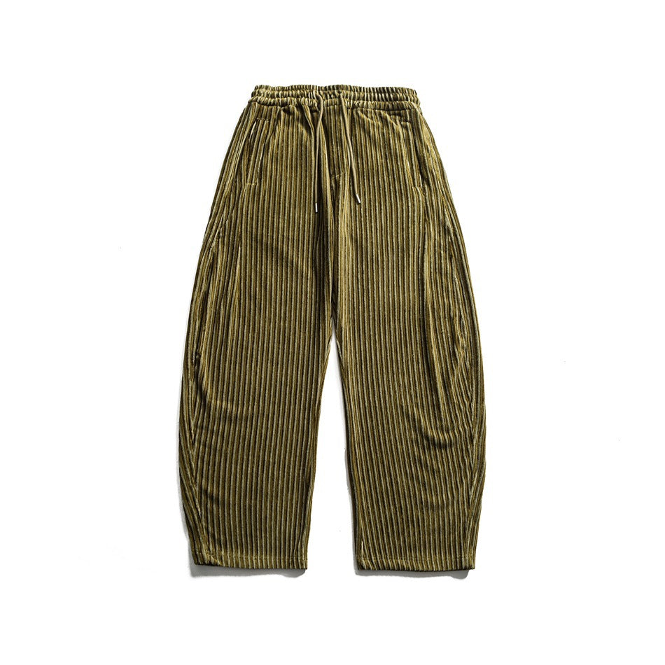 Green striped corduroy-style wide-leg drawstring pants, flat lay front view