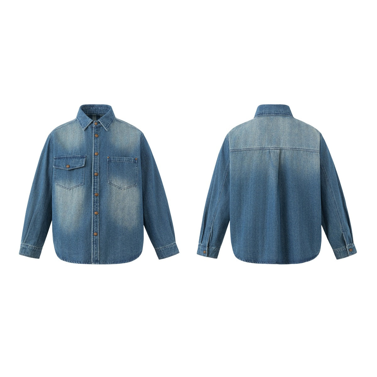 Blue denim shirt shown from the front and back, with a button front and two chest pockets.