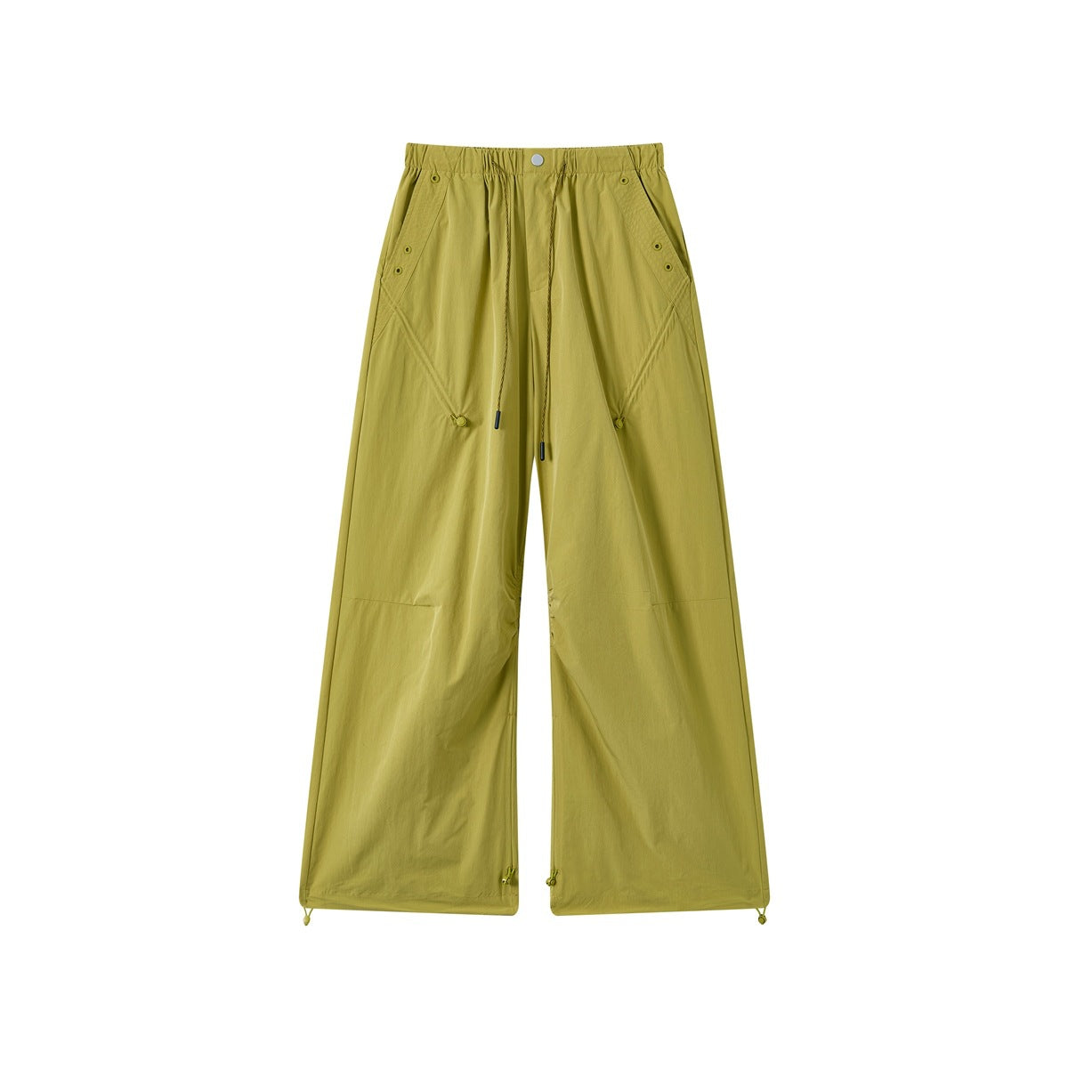Yellow-green wide-leg drawstring pants, front flat view, with eyelet details and hem toggles