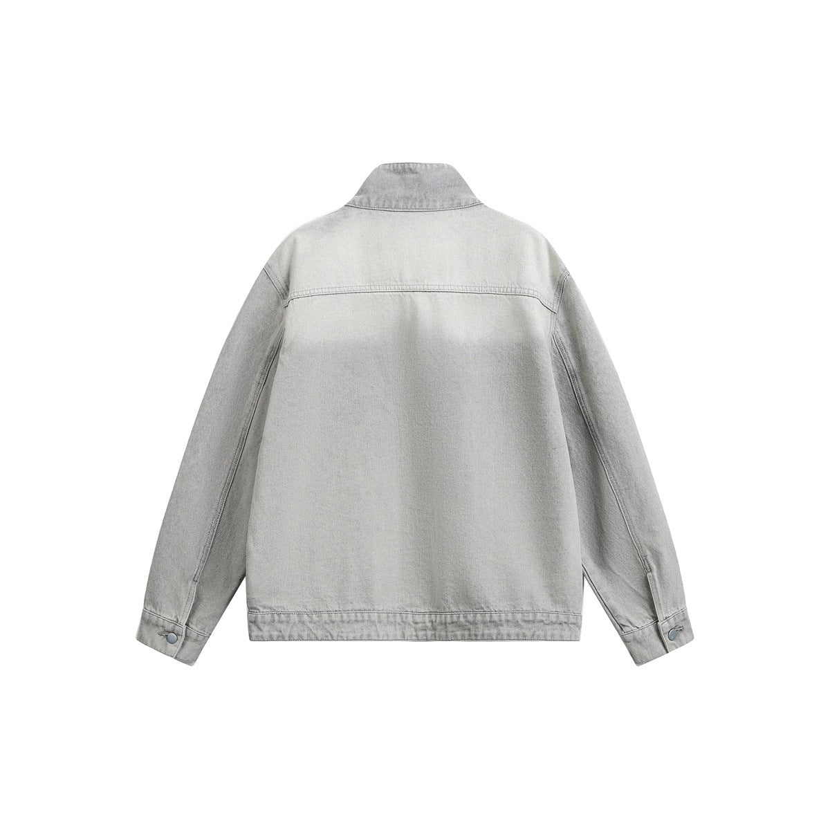 Back view of a light gray jacket with a tall collar, long sleeves, and a straight hem.