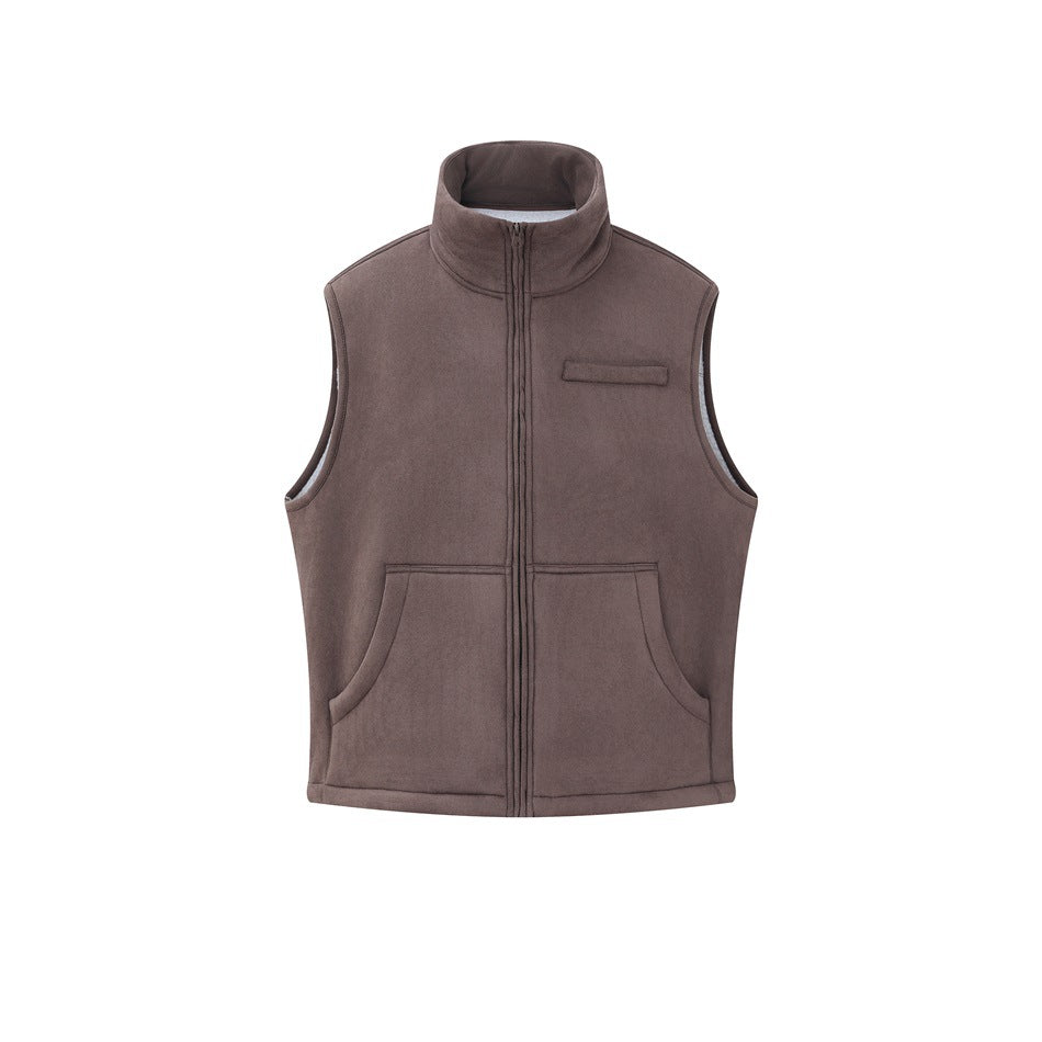 Brown sleeveless zip vest with stand collar, chest flap pocket and two front pouch pockets, flat front view
