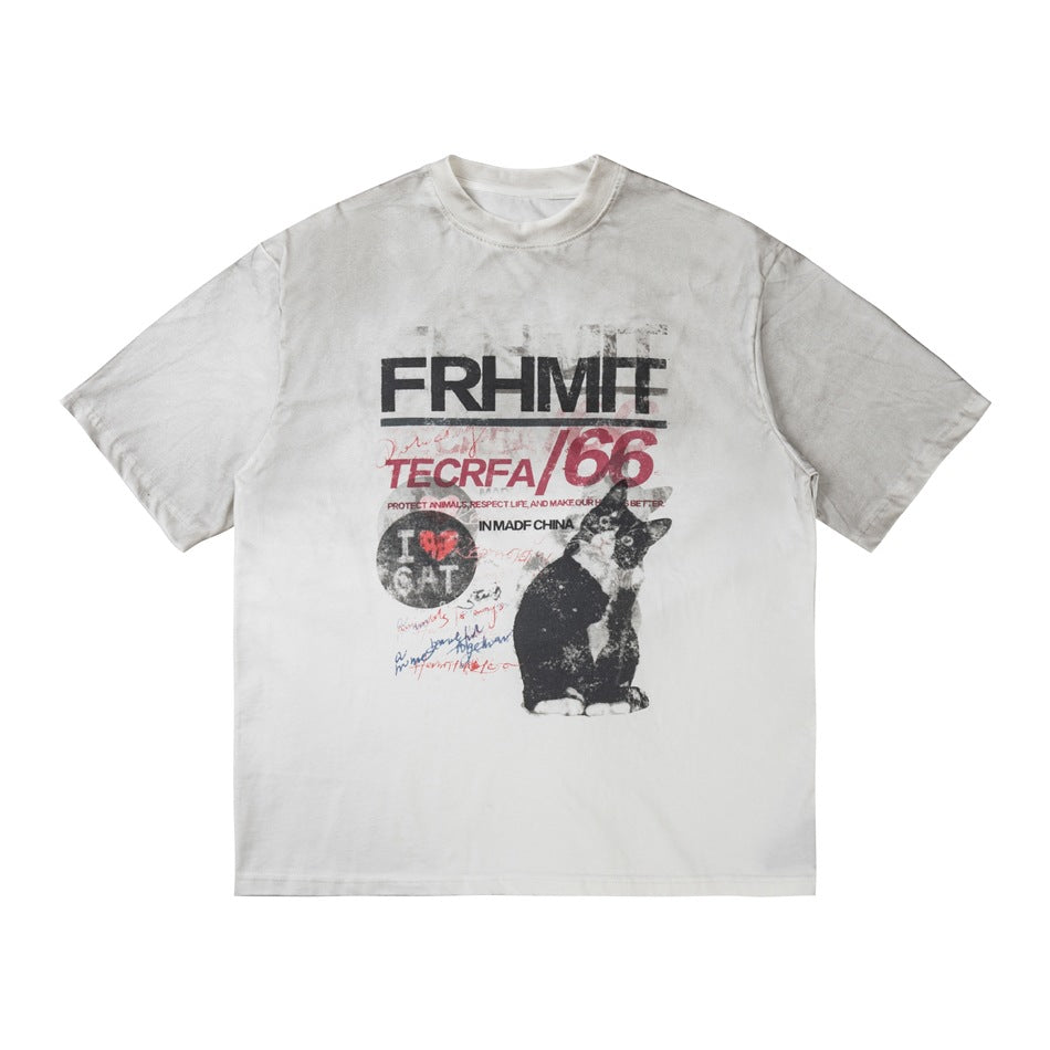 Off-white short-sleeve T-shirt with gray weathered wash and a distressed black cat graphic with red and black lettering
