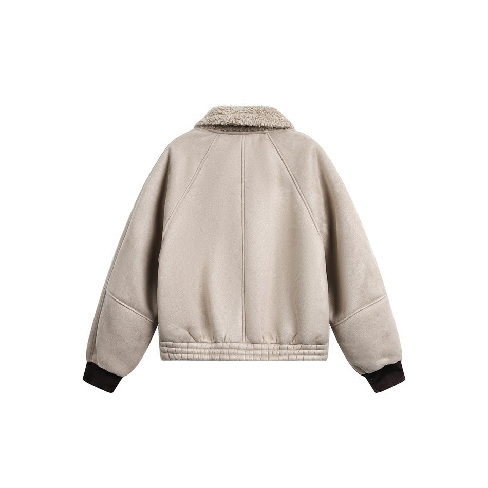Back view of a light taupe jacket with a plush fleece collar, raglan seams, gathered hem, and dark cuffs.