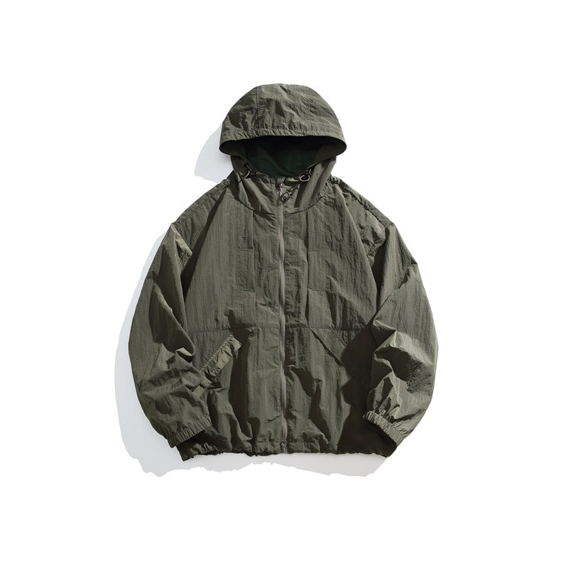 Olive green hooded zip-up jacket with drawcord hem and elastic cuffs, flat lay front view