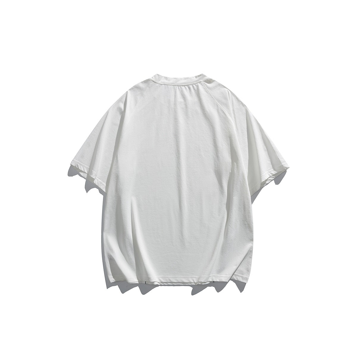 Back view of a loose-fit white short-sleeve crew-neck T-shirt.