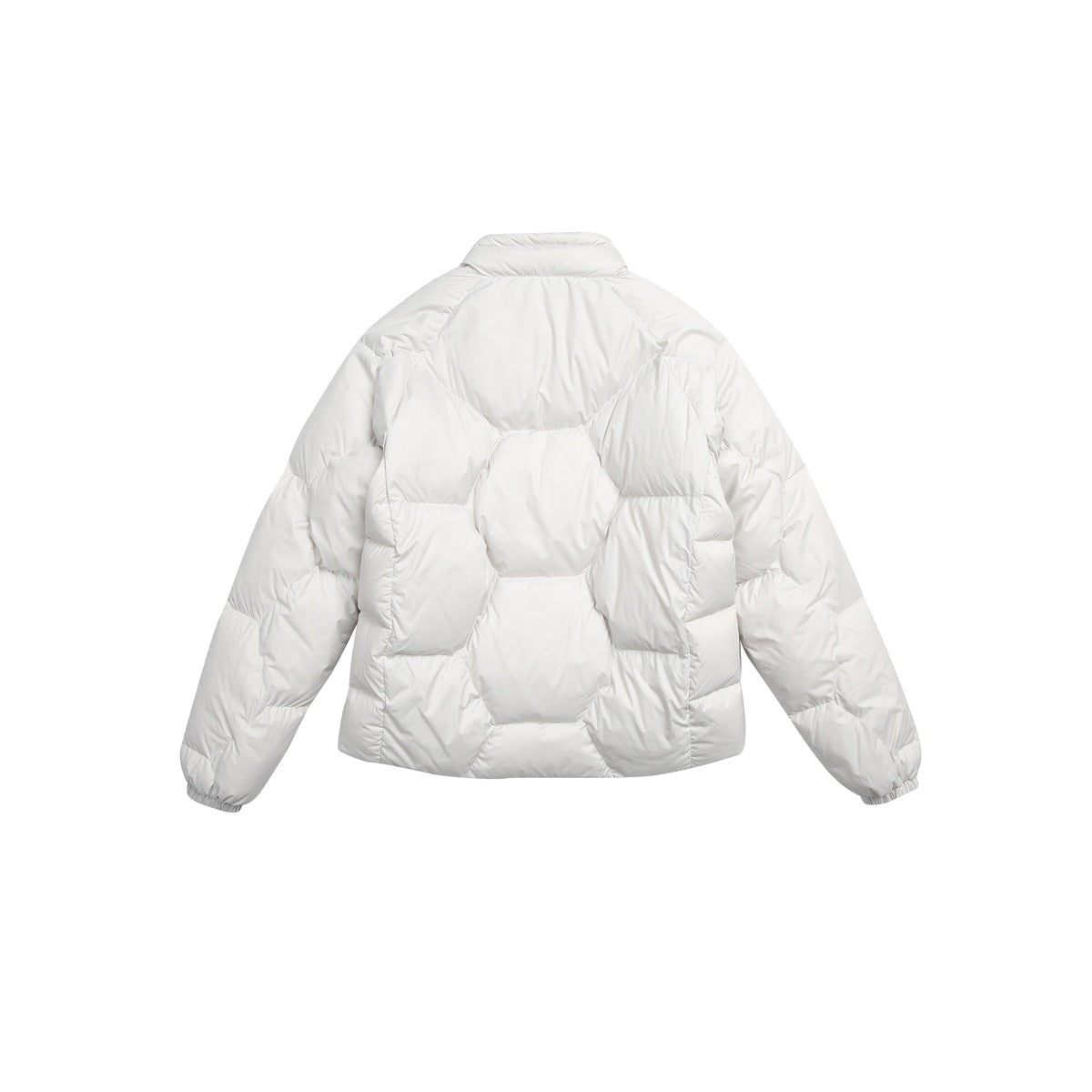 Back view of a white quilted jacket with a short stand collar and geometric padded panels.