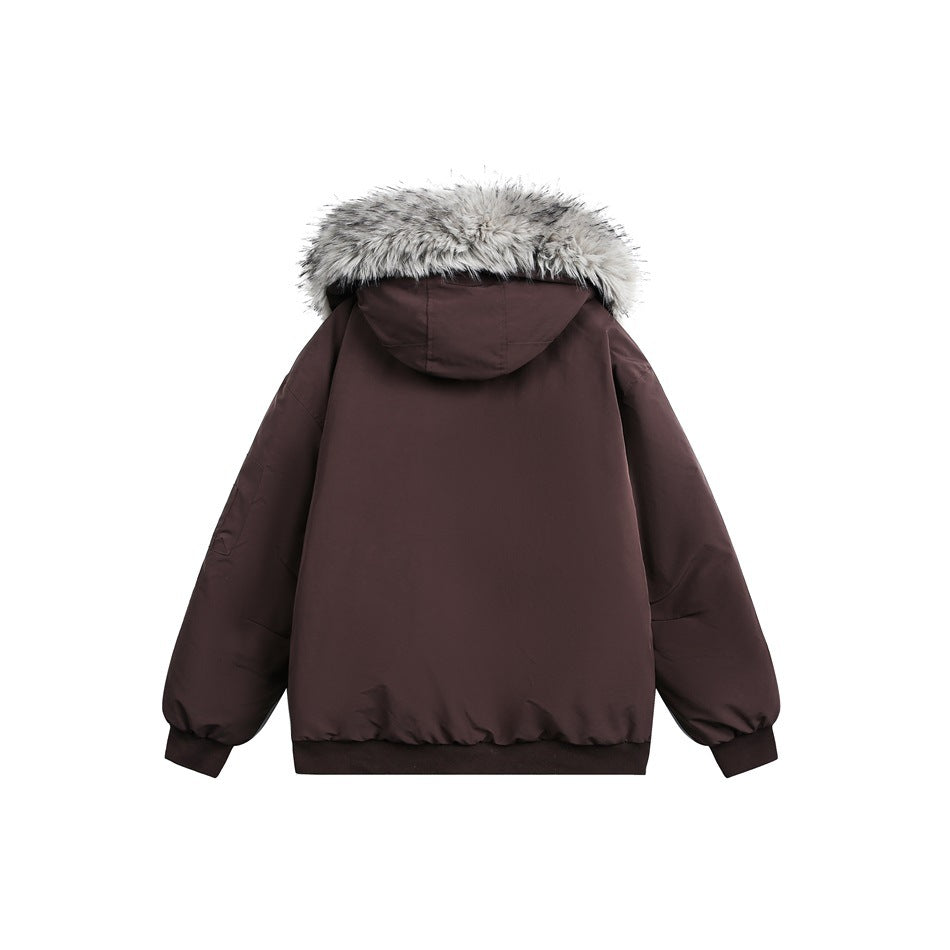 Back view of a dark plum hooded jacket with a light gray fur-trimmed hood.