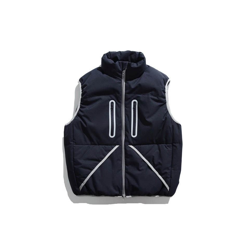 Navy quilted puffer vest with stand collar, front zipper, two zip chest pockets and light diagonal trim on a plain background