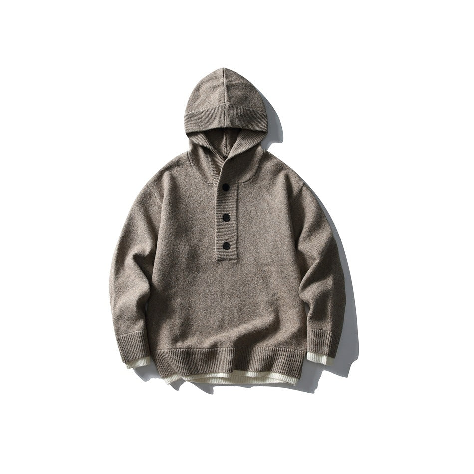 Khaki taupe hooded knit sweater with three-button placket and cream layered hem trim, flat lay