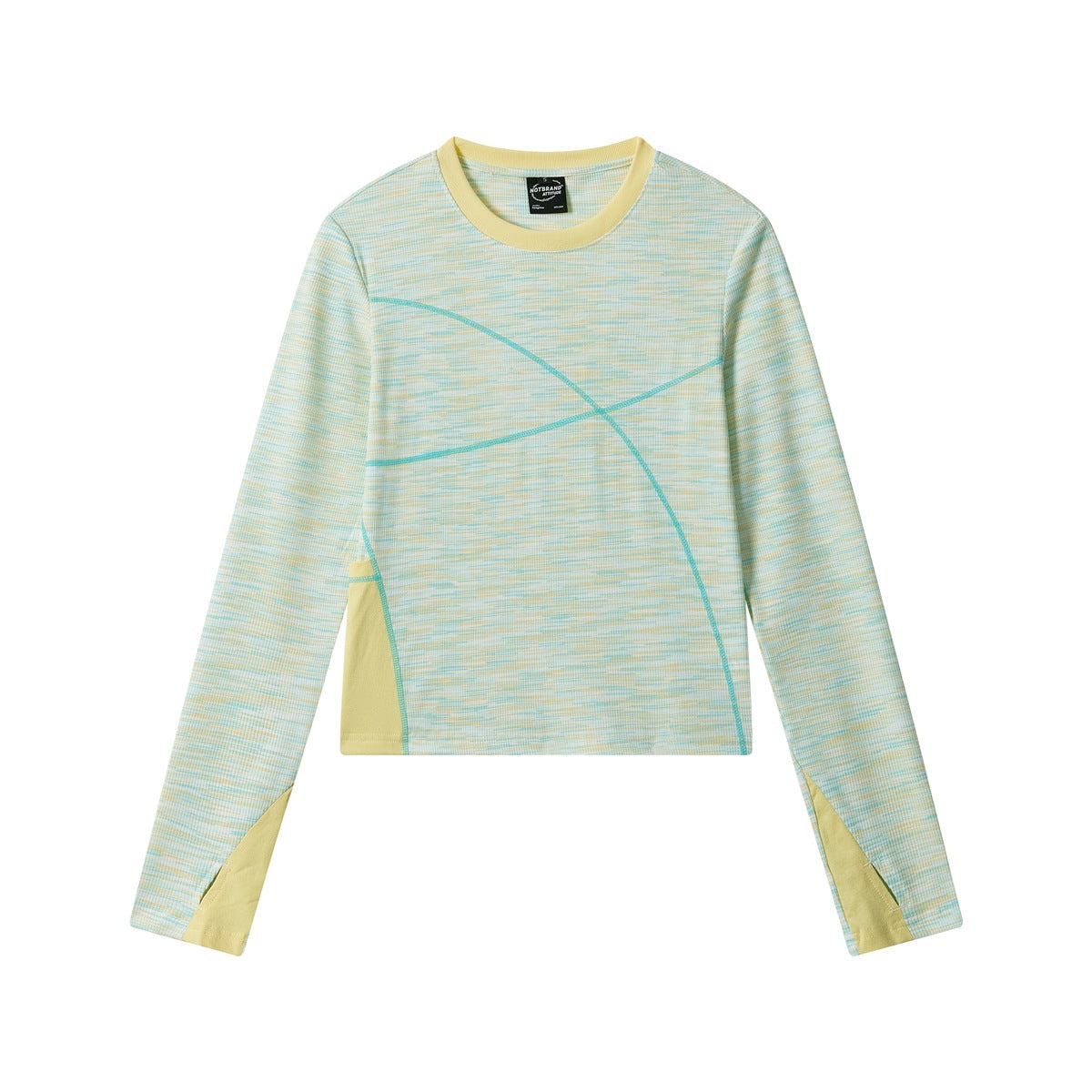 Green and yellow heathered long-sleeve crew neck top with yellow trim, teal stitching and side panels, flat front view