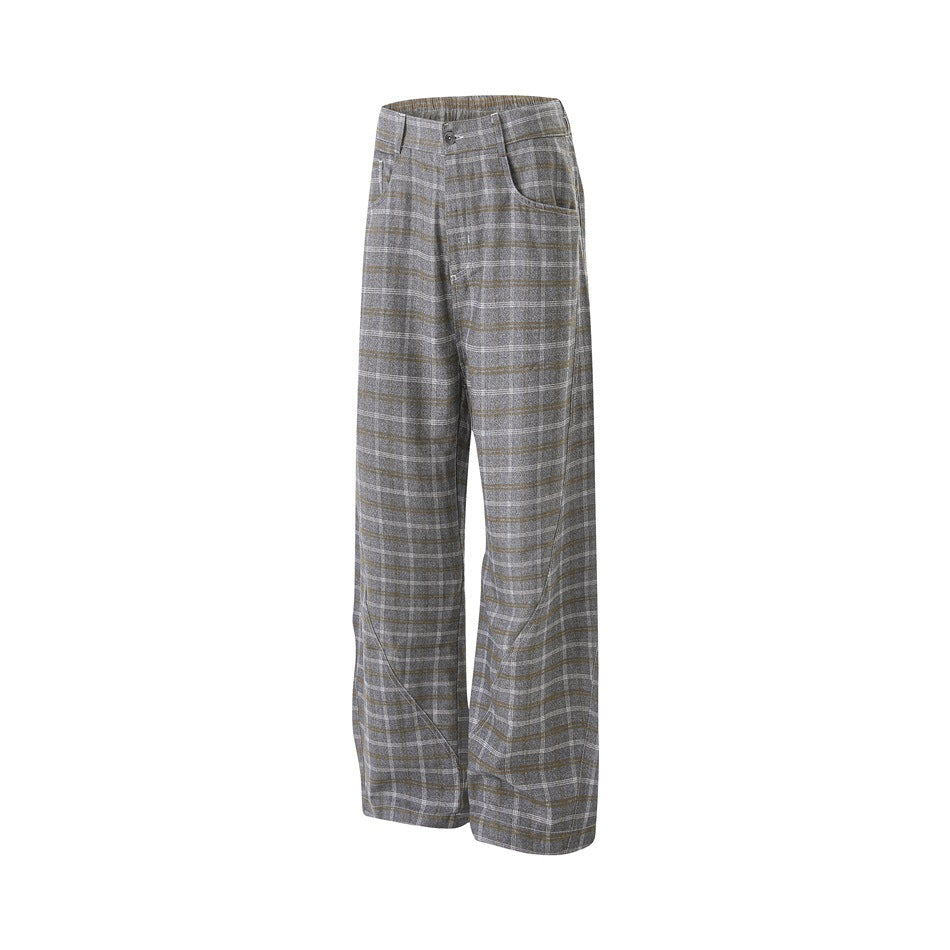 Angled front view of gray plaid wide-leg trousers with a button closure and side pockets.