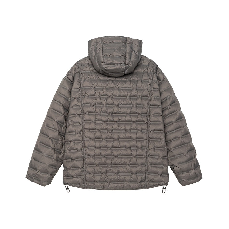 Back view of a gray hooded puffer jacket with horizontal quilting and adjustable hem cords on white.