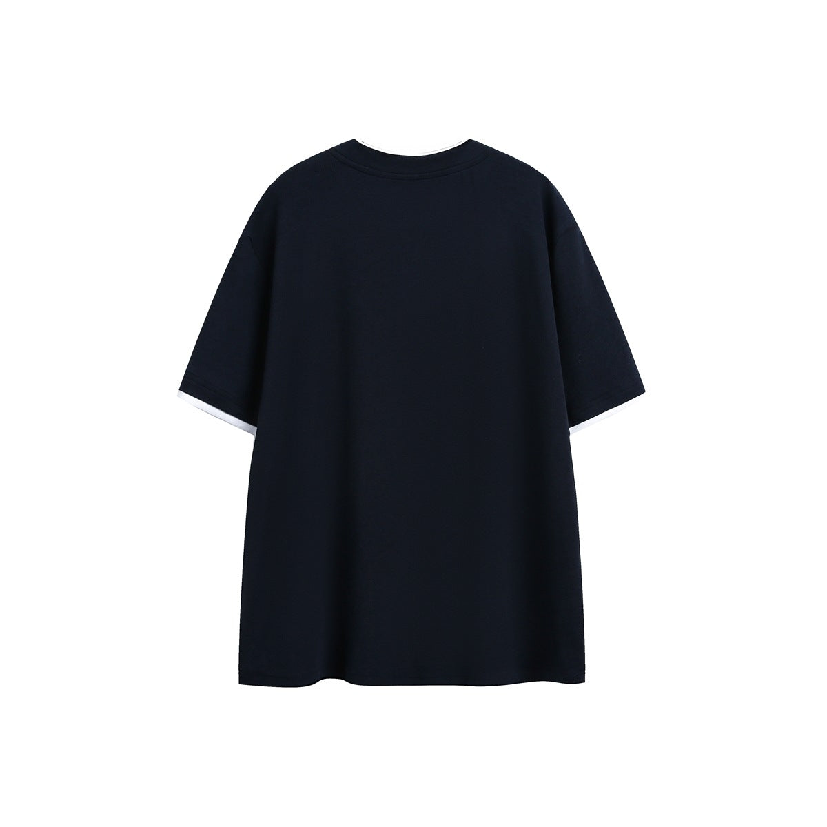 Plain black short-sleeve crew-neck T-shirt shown flat against white, with white trim visible at the neckline and sleeve