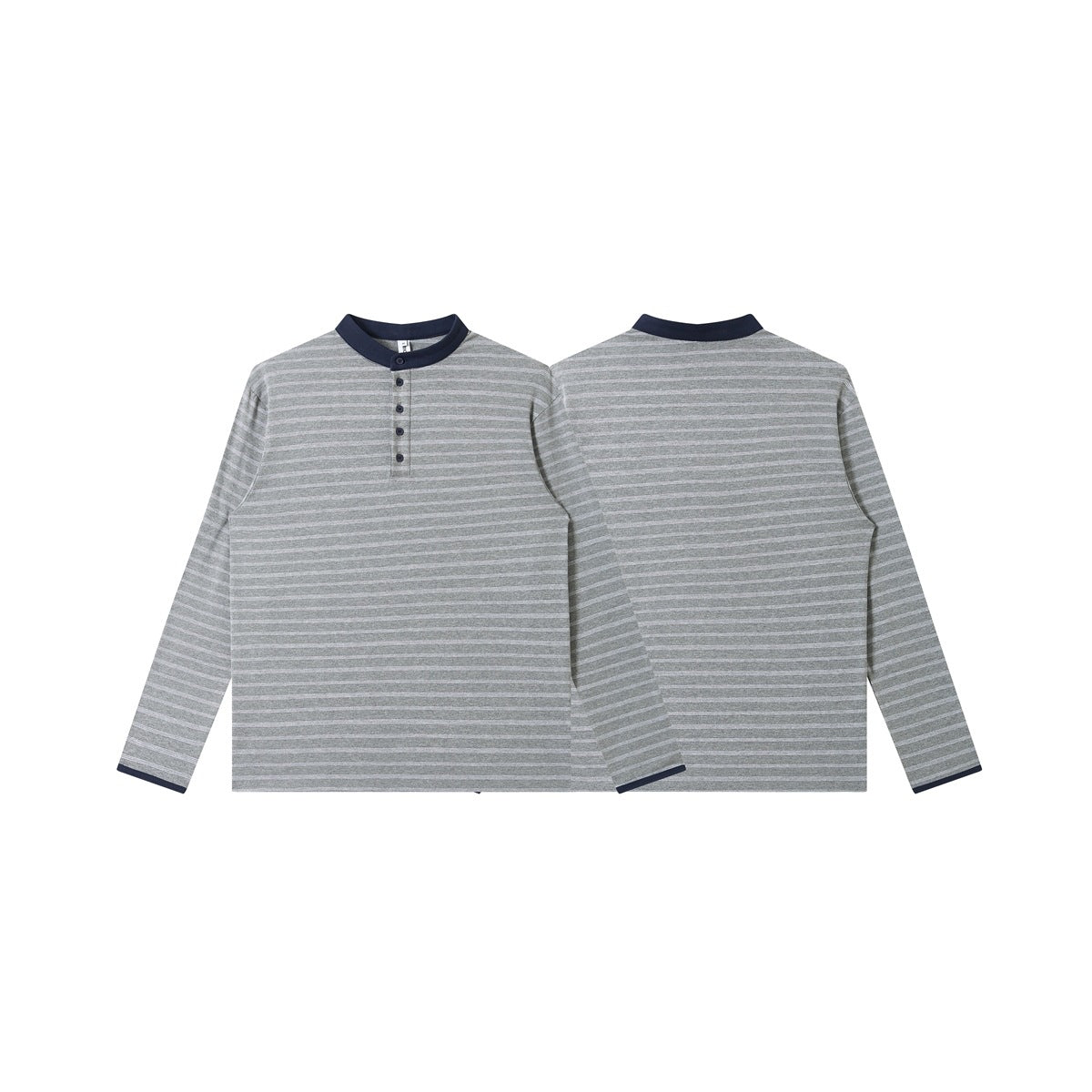 Gray and white striped long-sleeve shirt shown from front and back, with a navy collar, placket, and cuffs.