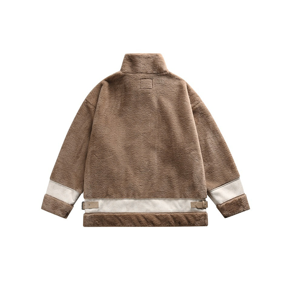 Back view of coffee brown plush jacket with stand collar, cream suede-like panels and side hem buckle tabs