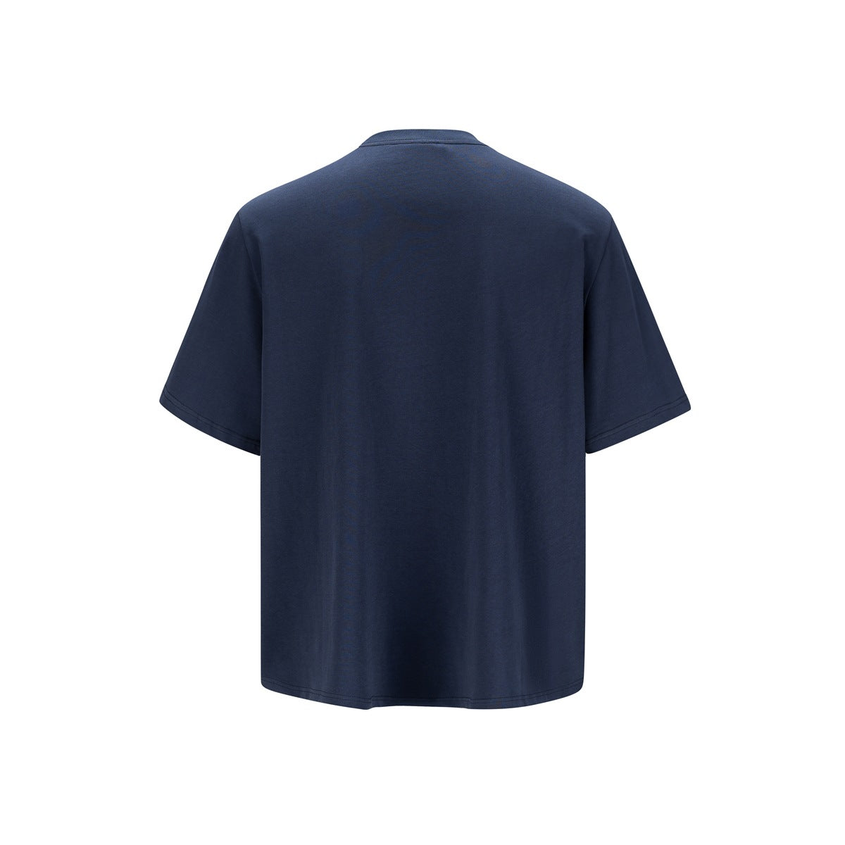 Back view of a plain navy short-sleeve crew-neck T-shirt.