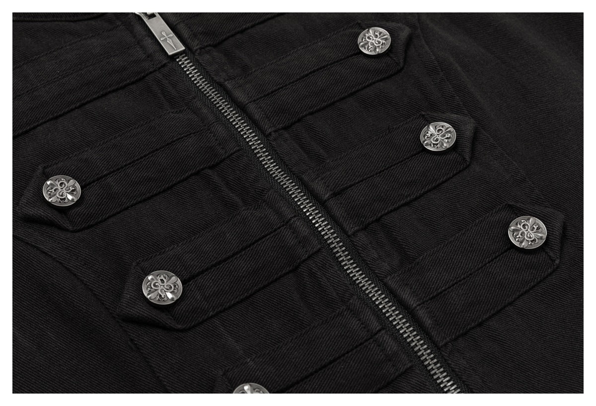 Close-up of black garment front with a diagonal zipper and rows of ornate silver buttons.