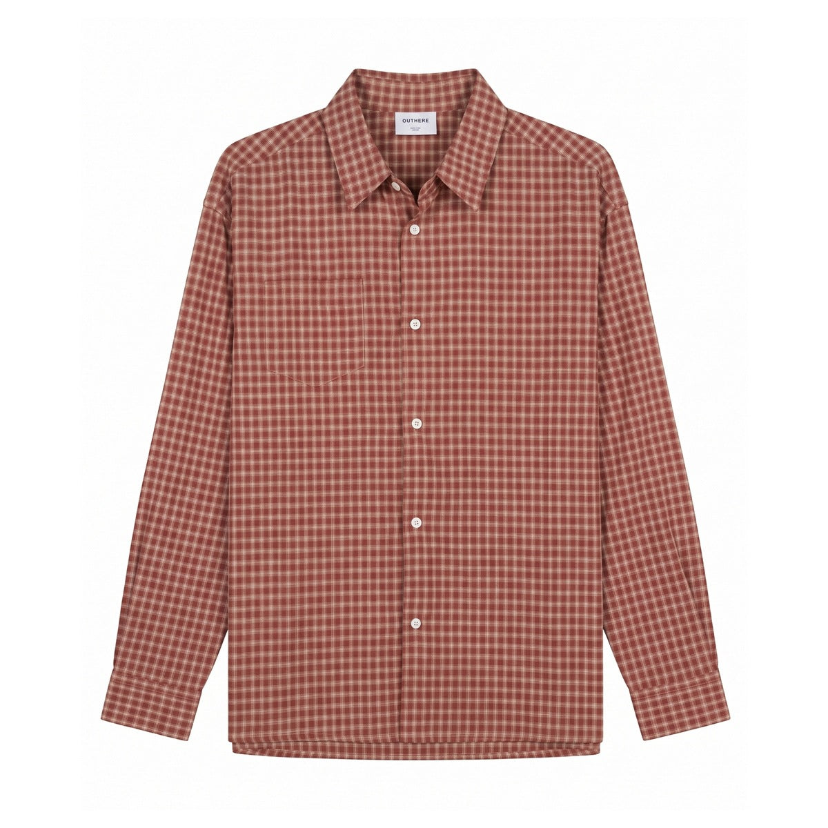 Red and cream small-check long-sleeve button-up shirt, flat front view with chest pocket and white buttons