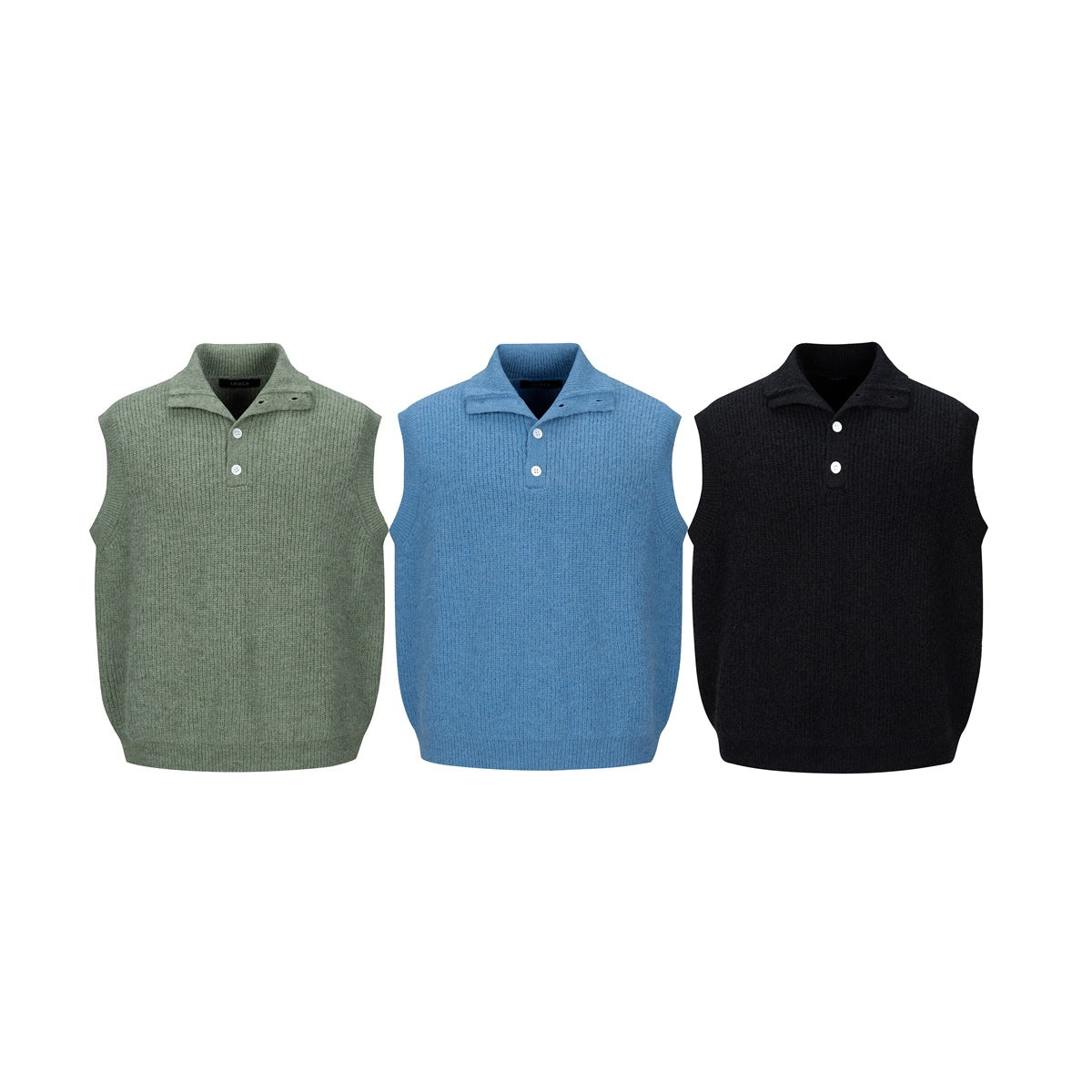 Three sleeveless collared knit vests shown from the front in sage green, blue, and black.