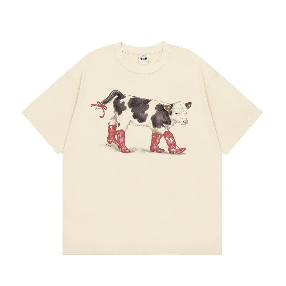 Apricot short-sleeve crew-neck T-shirt with a calf in red cowboy boots print on the chest