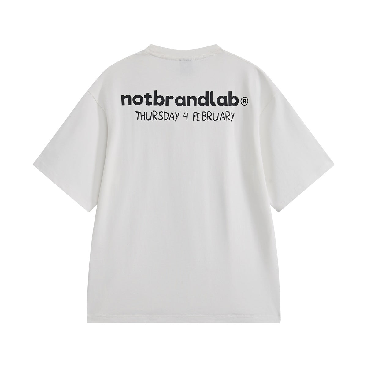 Back of white short-sleeve T-shirt with black lettering across the upper back