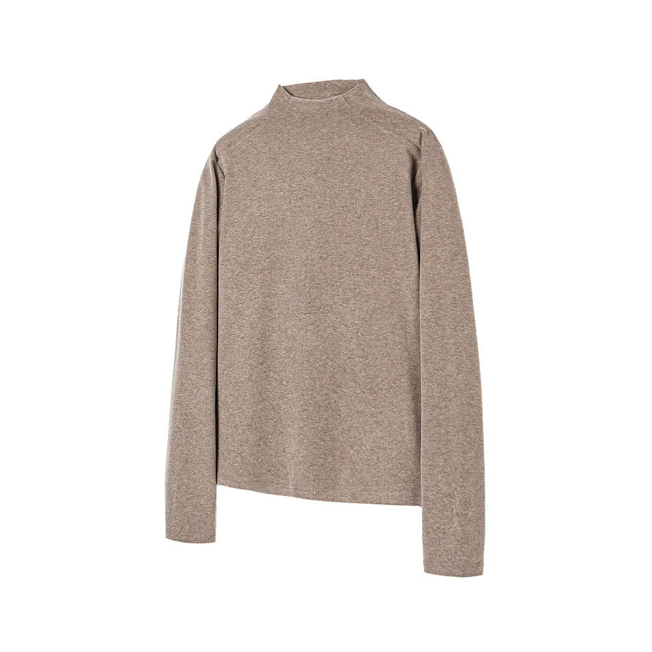 Khaki heathered long-sleeve mock neck top laid flat on white background