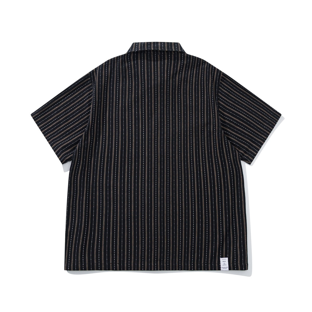 Back view of a black short-sleeve collared shirt with fine light vertical stripes, laid flat on white.