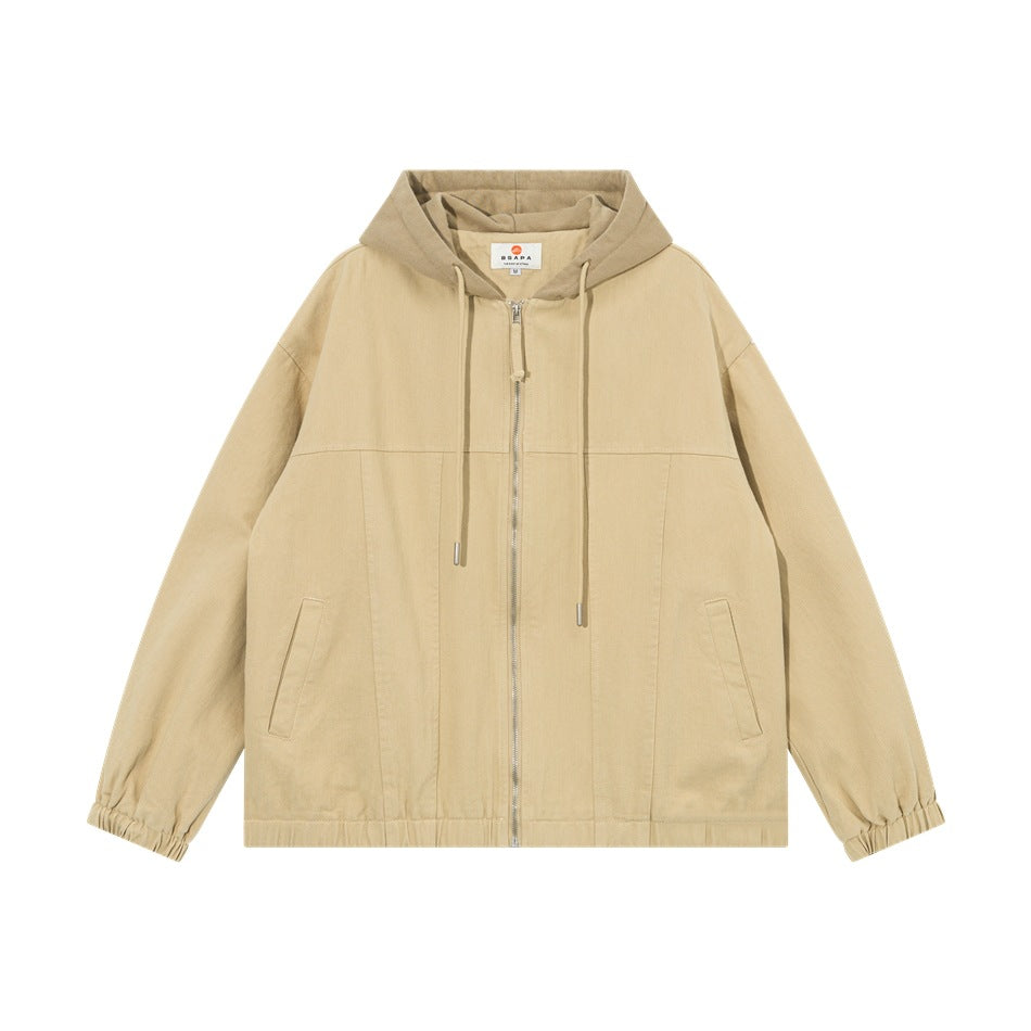 Khaki zip-up hooded jacket with darker khaki hood, drawstrings, slanted pockets and elastic cuffs, flat front view