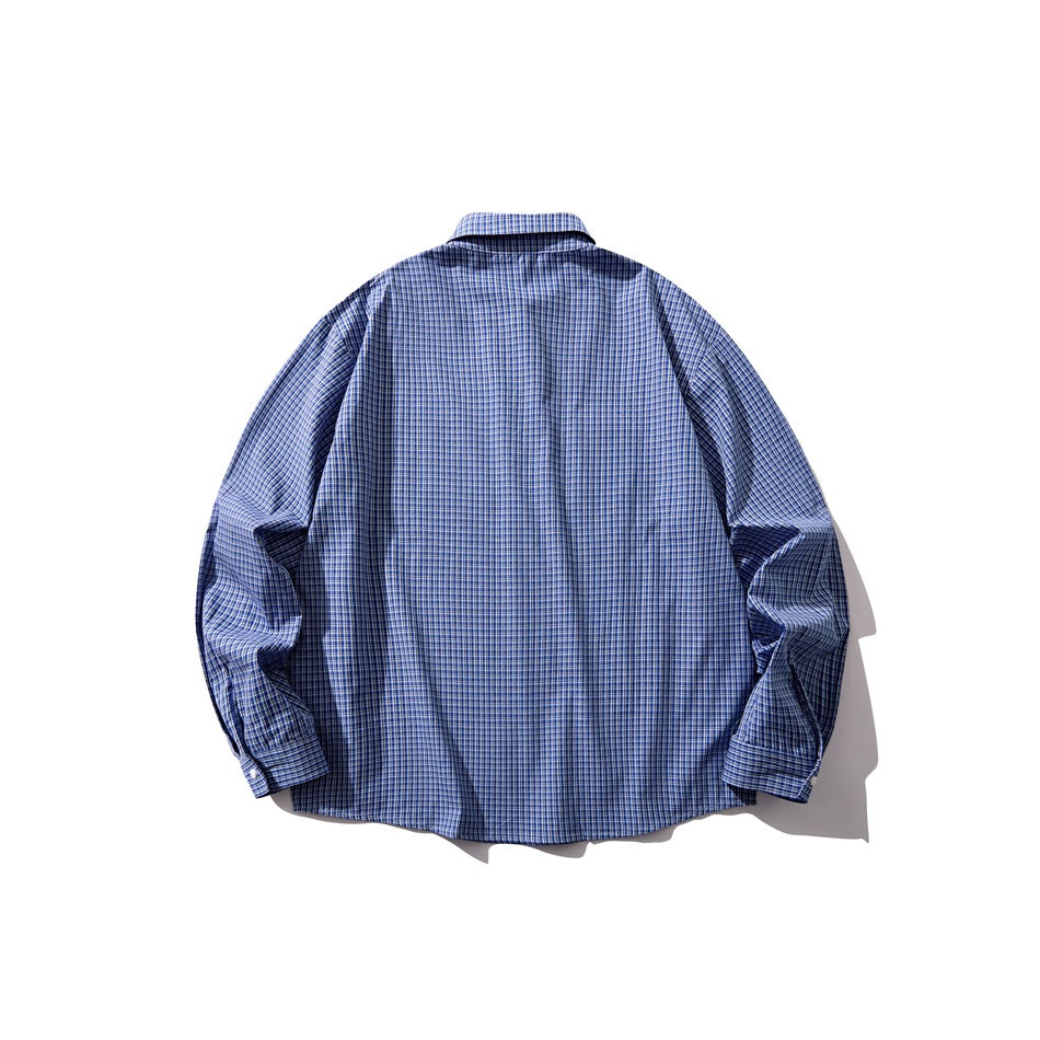 Back view of blue small-check long-sleeve shirt with collar and button cuffs on white background