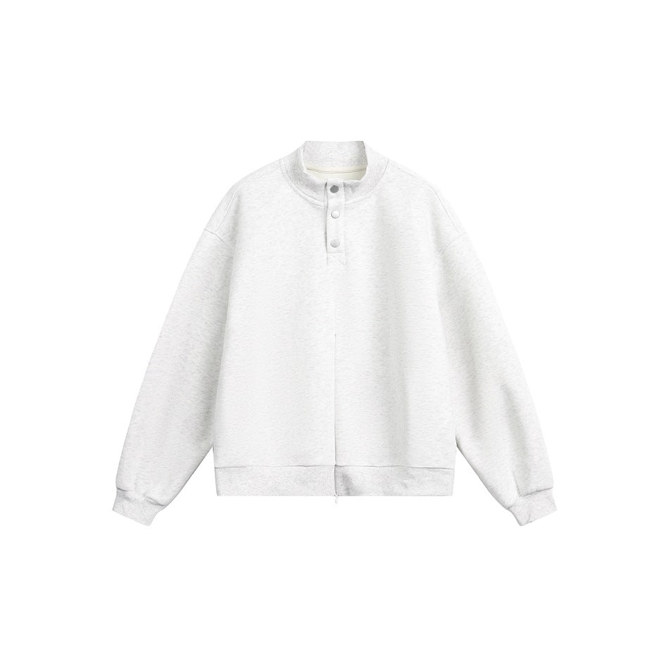 Light gray stand-collar sweatshirt with a short three-snap placket, long sleeves, and ribbed cuffs and hem.