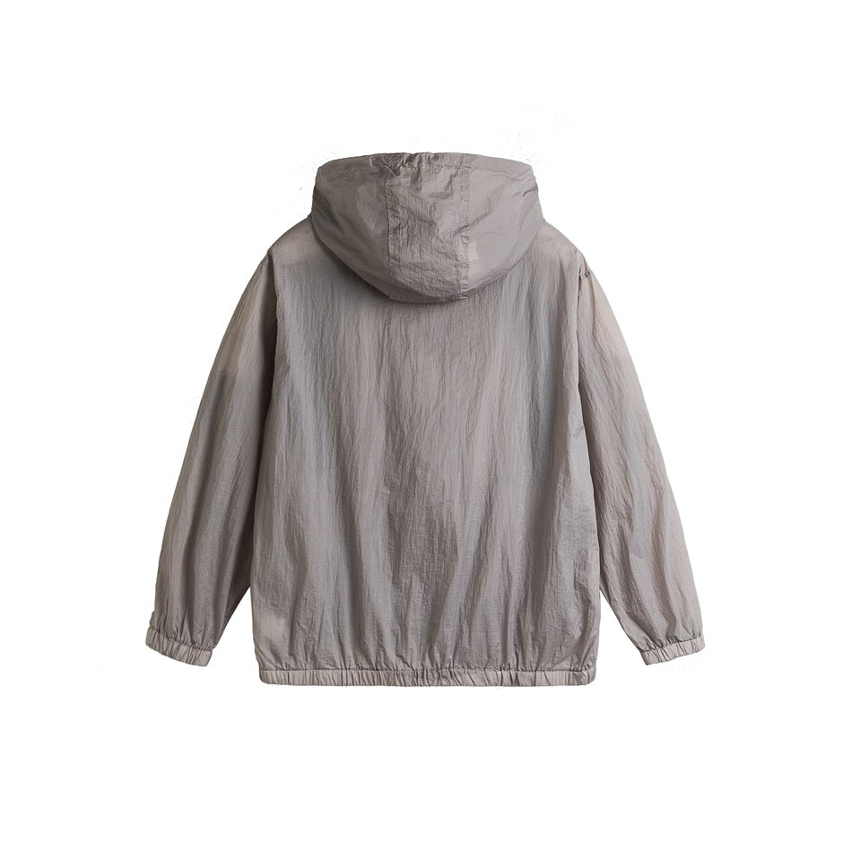 Back view of gray hooded jacket with elastic cuffs and hem, flat on white background