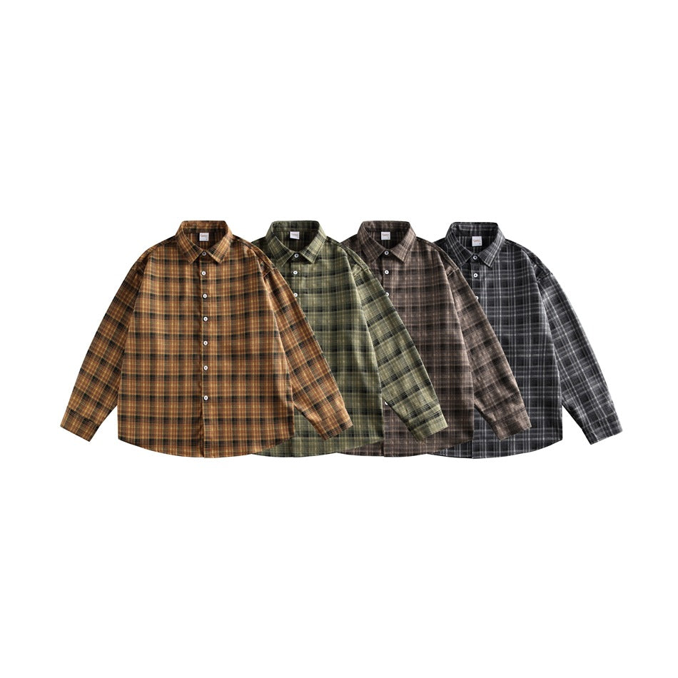 Four plaid button-up shirts shown together in mustard brown, olive green, taupe, and charcoal colorways.