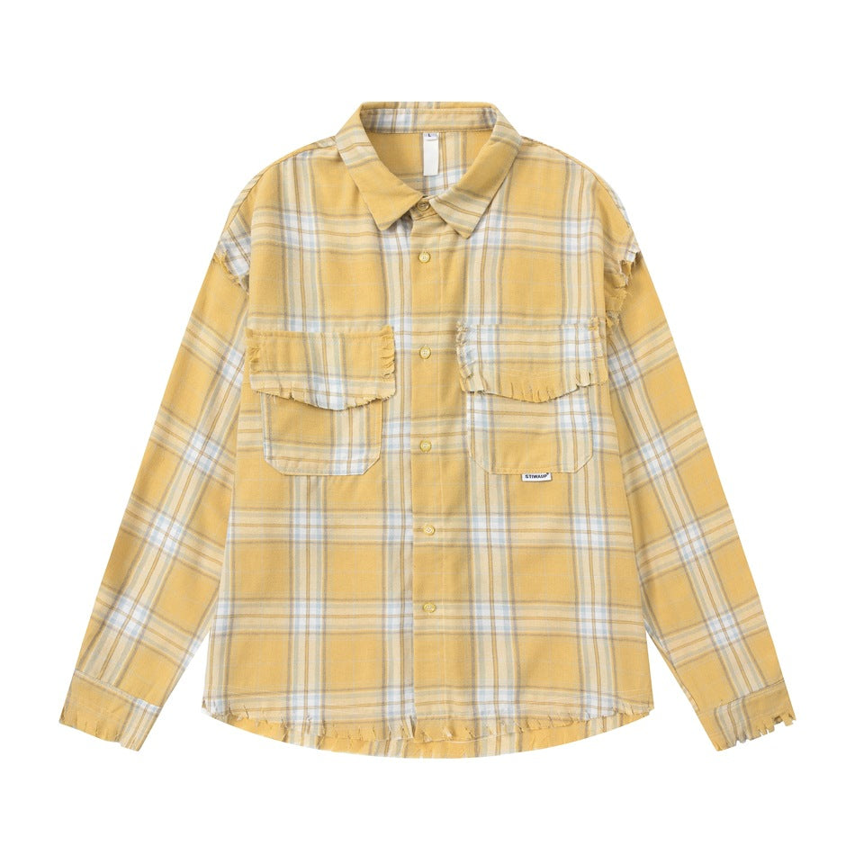 Yellow plaid long-sleeve button-up shirt flat lay with frayed flap chest pockets, collar and raw hem