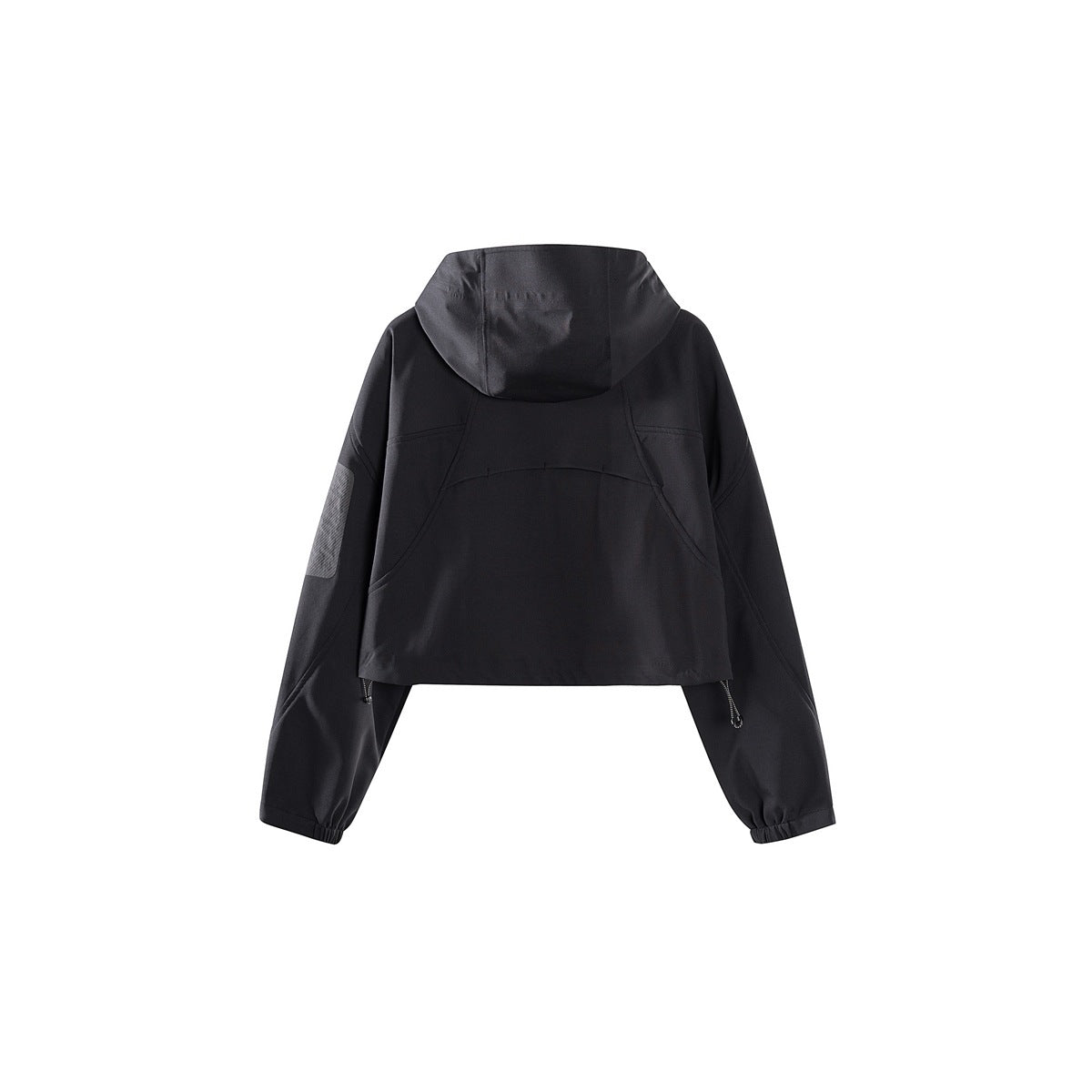 Back view of a black cropped hooded jacket with long sleeves and adjustable hem cords.