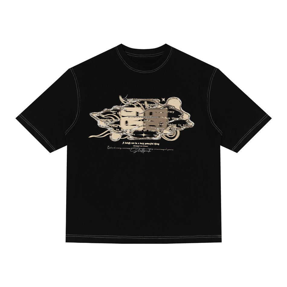 Black short-sleeve crewneck T-shirt with light contrast stitching and a beige and silver graphic print on the chest