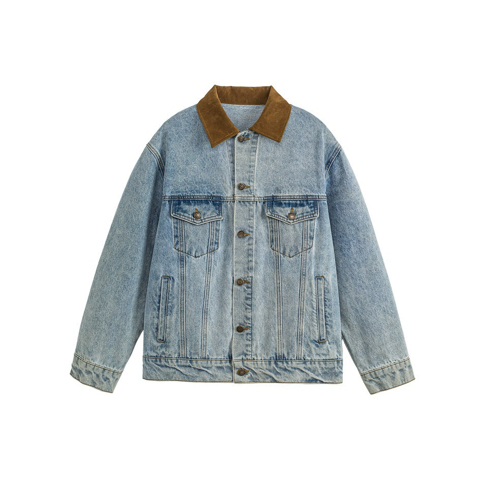 Light-wash blue denim trucker jacket with brown collar, flap chest pockets and button front, flat lay
