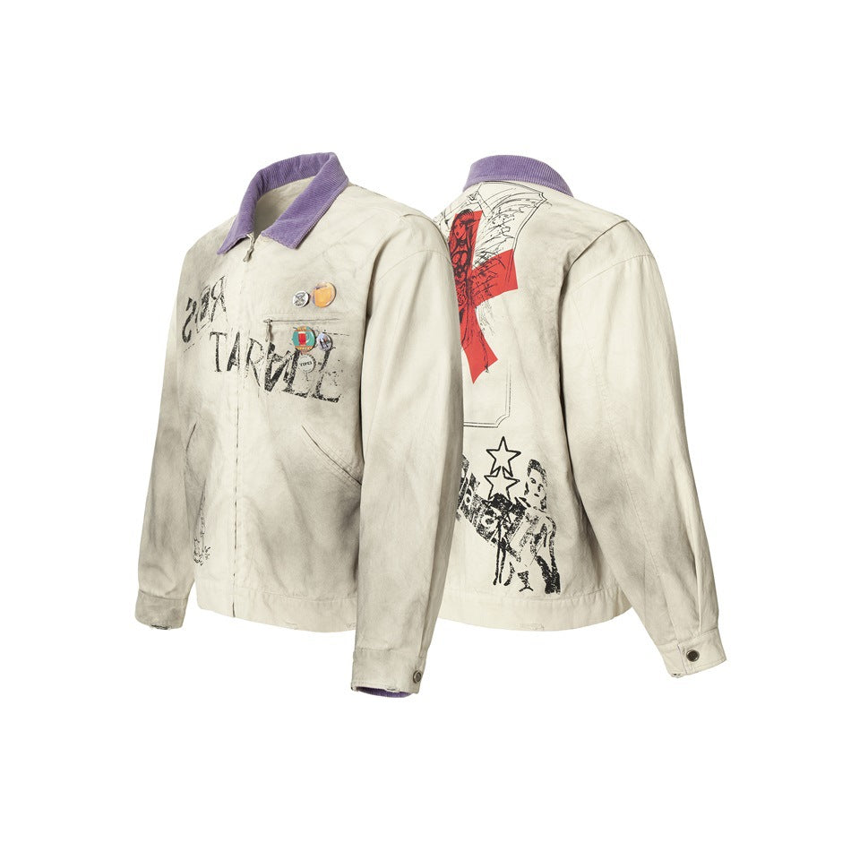 Cream jacket shown from front and back, with a purple collar, chest pins, and bold graphic prints.