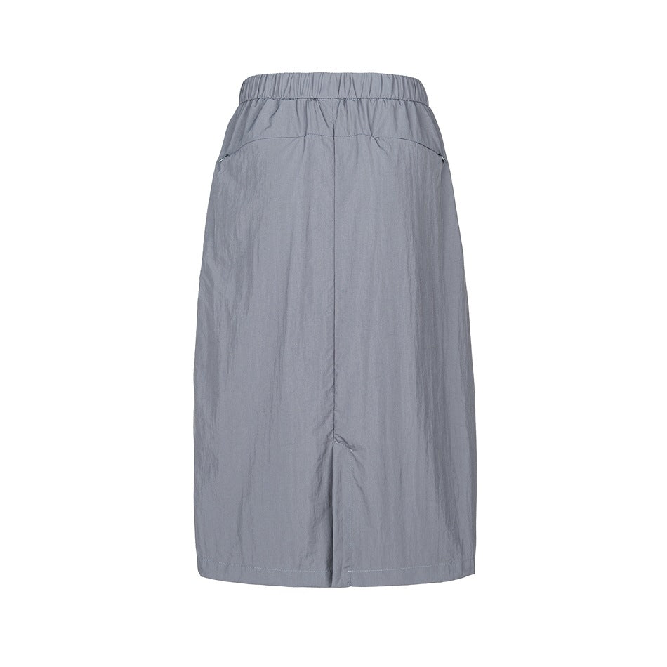 Rear view of a gray midi skirt with an elastic waistband and a straight center seam.