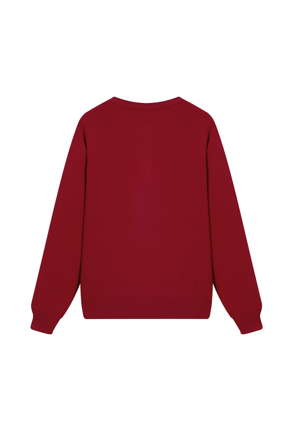 Back view of a red ribbed sweater with long sleeves and ribbed cuffs and hem.
