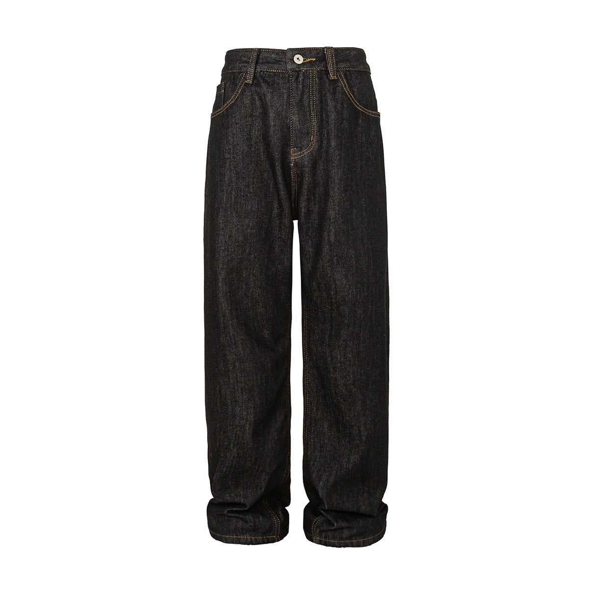 Front view of black wide straight-leg jeans with button closure, belt loops and contrast stitching