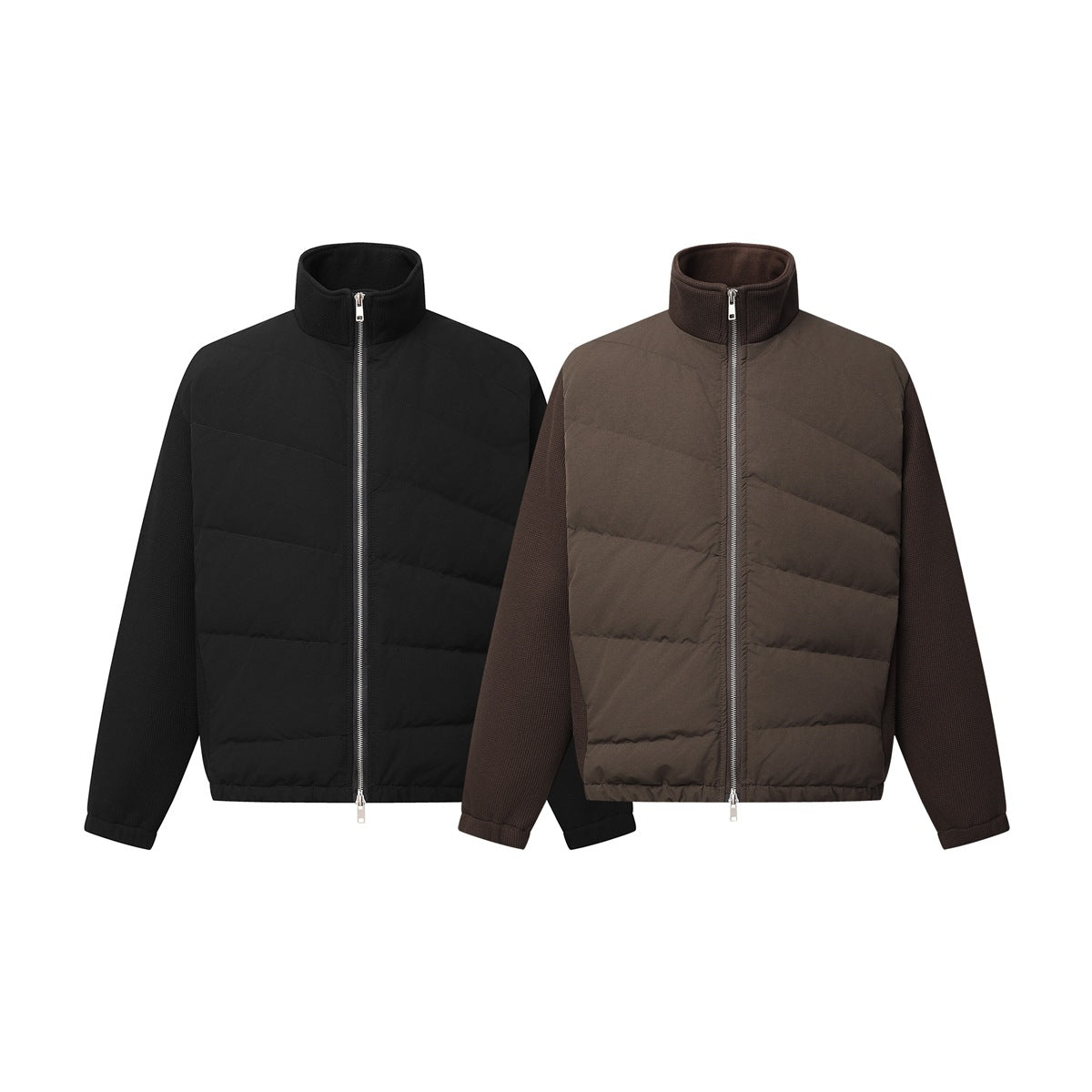 Two front views of zip-up jackets with high ribbed collars: one black and one brown with dark textured sleeves.